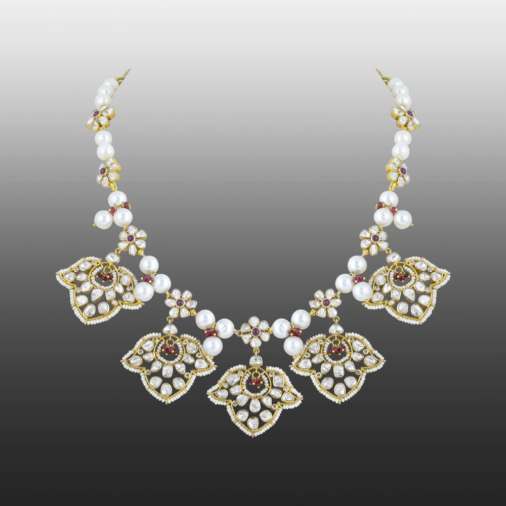 Polki Necklace with Red Floral Motifs & Pearls